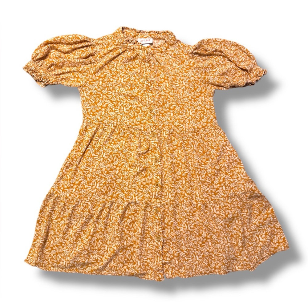 Girls Mustard Yellow Floral Button Up Dress EUC